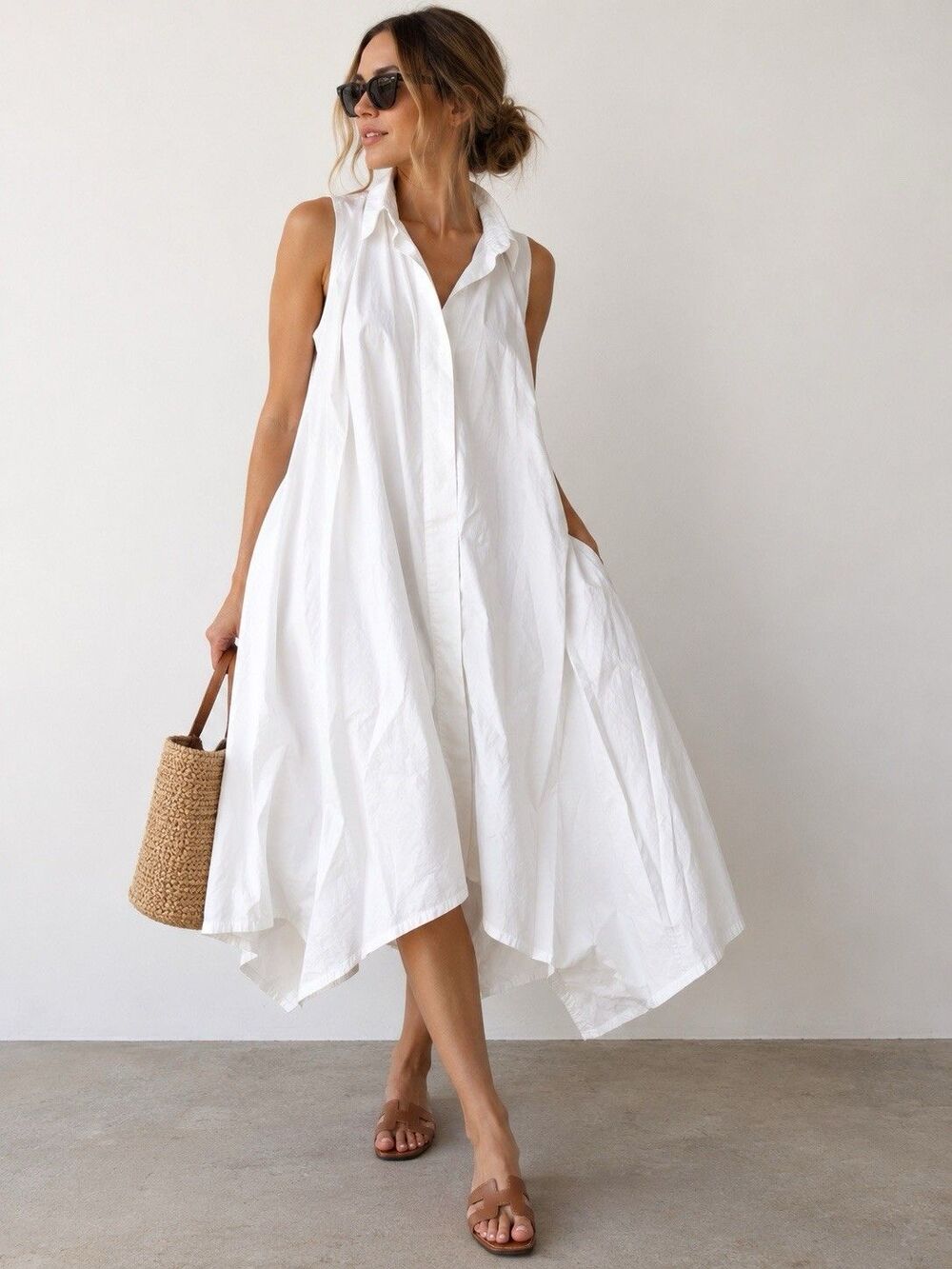 Rebecca Minkoff Miley White Cotton Poplin Handkerchief Hem Shirt Dress M
